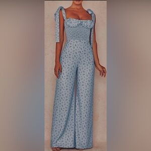 House of CB 'Lana' Jumpsuit Low Cut Wide Legs Shirred Floral in Blue Pink Size S